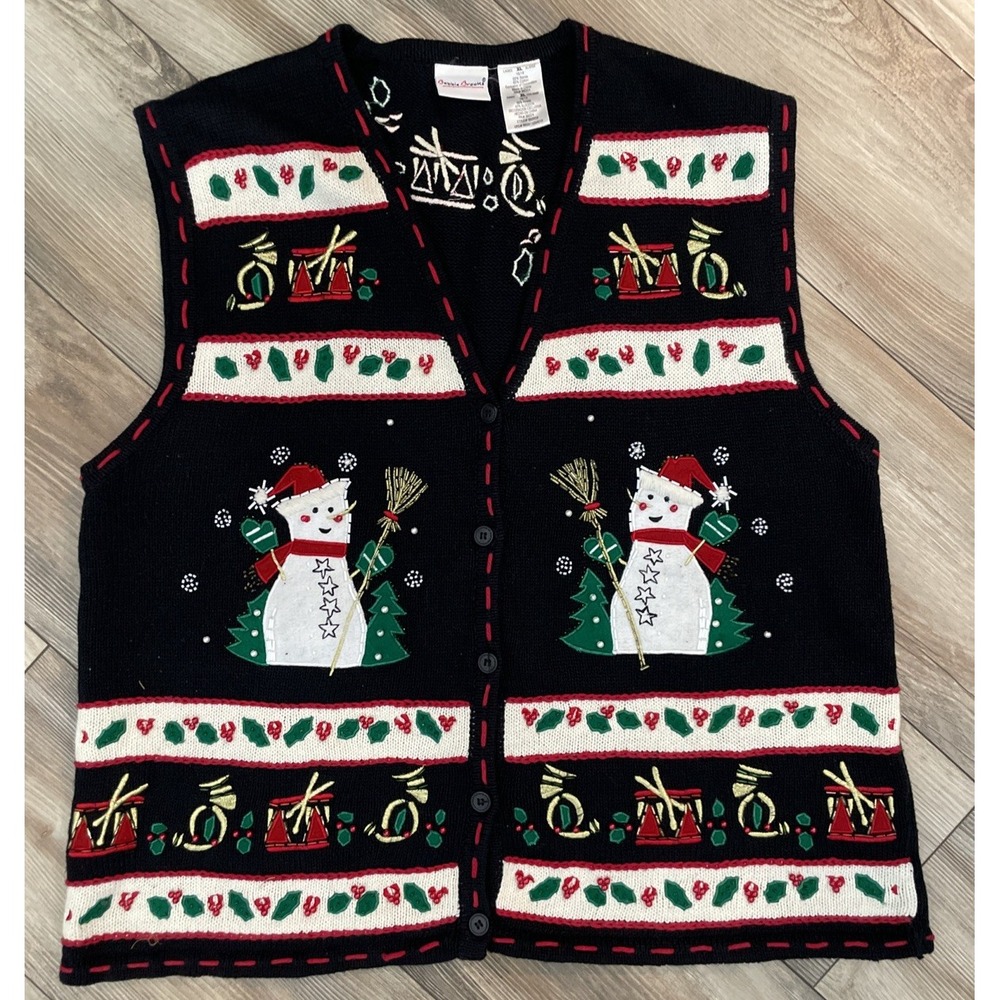 Vintage Bobbie Brooks Women's Sweater Vest XL Knit‎ Christmas Snowman Black